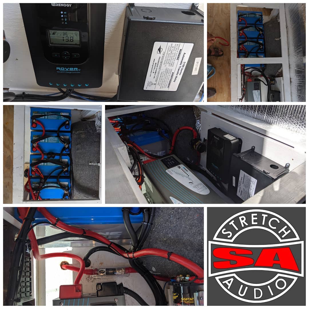 RV amplifier and battery installation for recreational vehicle audio system